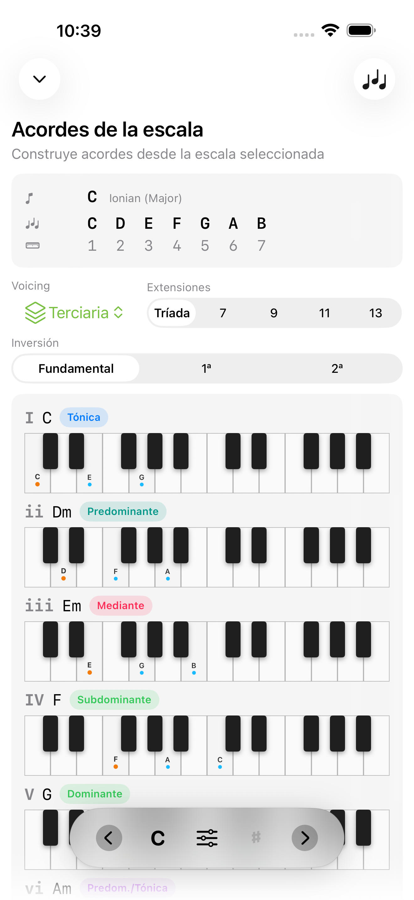 Pantalla de acordes diatónicos en iPhone